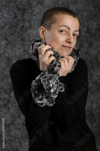 woman with short hair and shawl