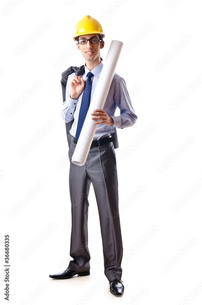 Young architect with drawings isolated on white Young architect with drawings isolated on white