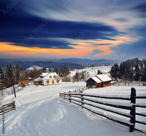 Winter landscape in the village.