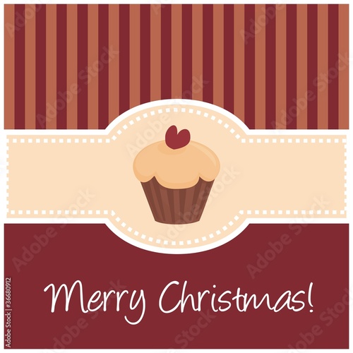 Vector dark red christmas card with muffin cupcake and heart