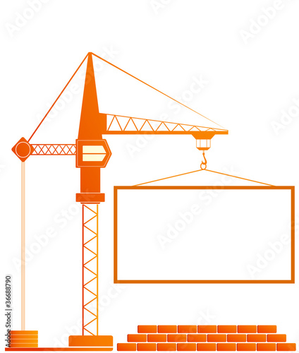 signboard of construction with crane and bricks