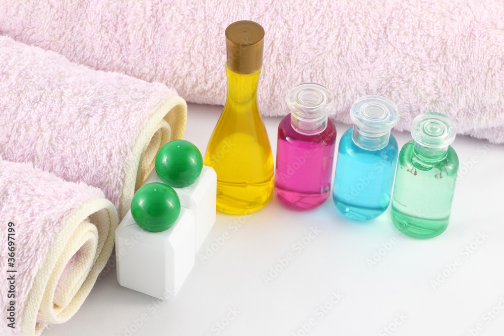 bottles of color oil from spa room. bottles of color oil from spa room.