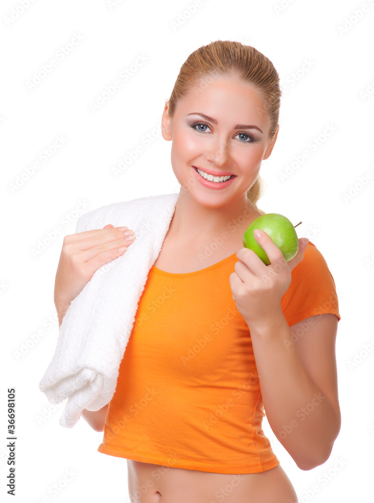 Young woman with towel and apple Young woman with towel and apple