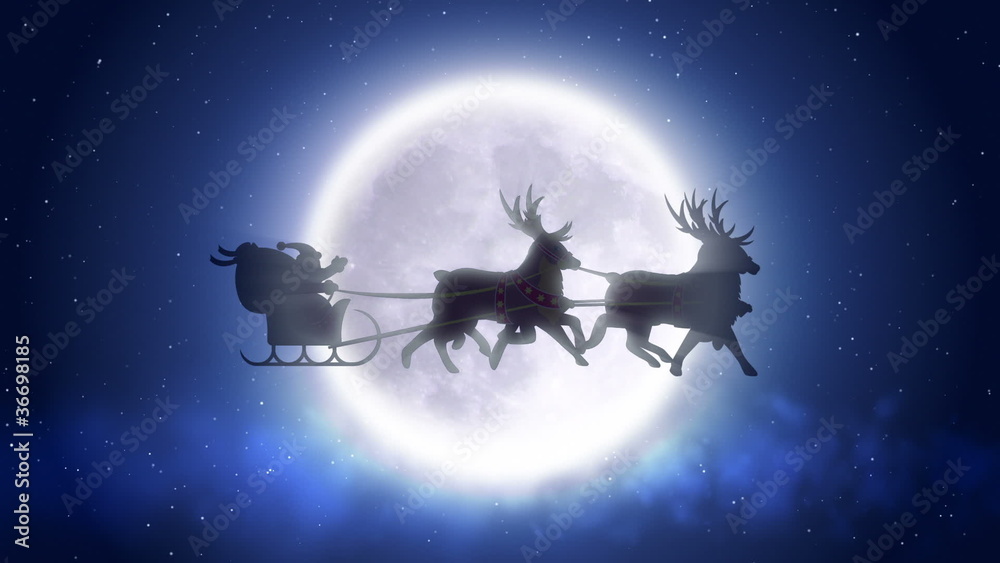 Santa with reindeers flies over moon in loop