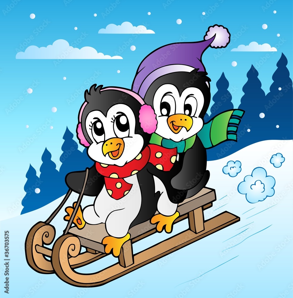 Obraz premium Winter scene with penguins sledging