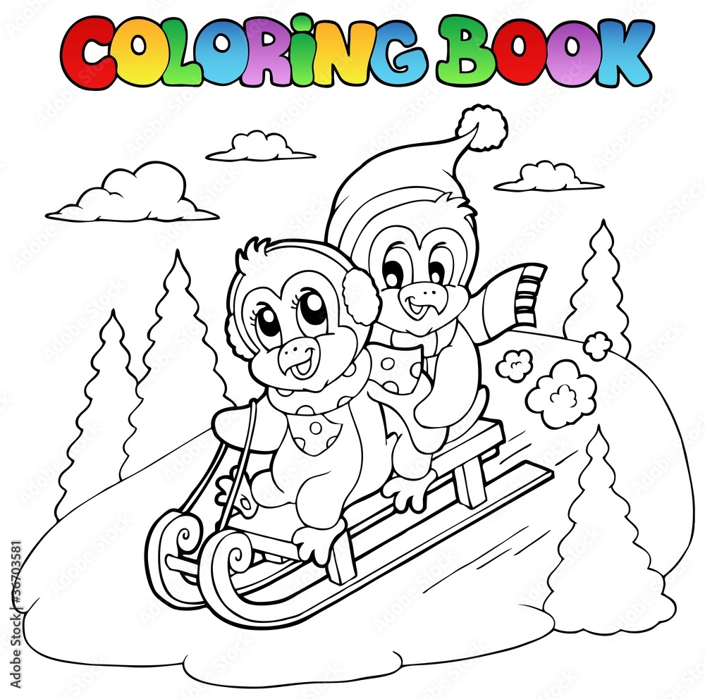 Fototapeta premium Coloring book penguins sledging