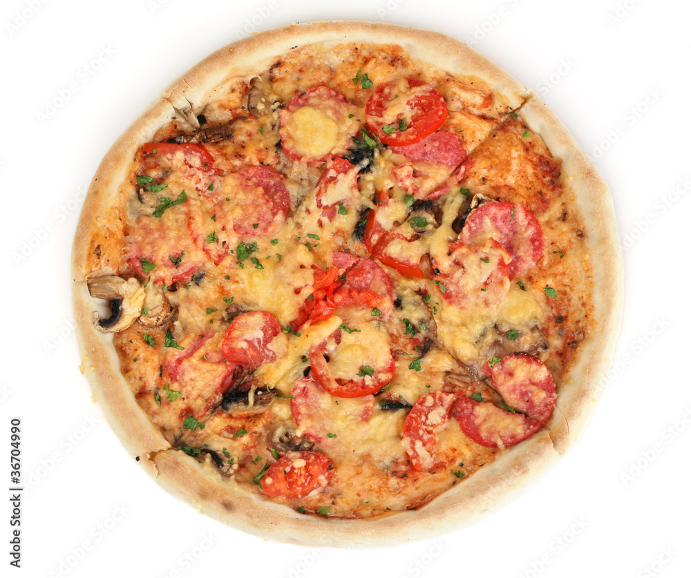 delicious pizza with sausage and vegetables isolated on white delicious pizza with sausage and vegetables isolated on white