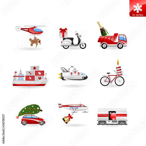 Set of christmas icons about transport, delivey and presents