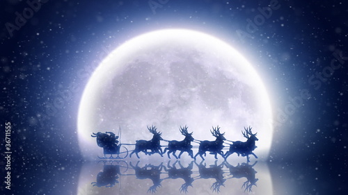 Santa with reindeer flies over moon