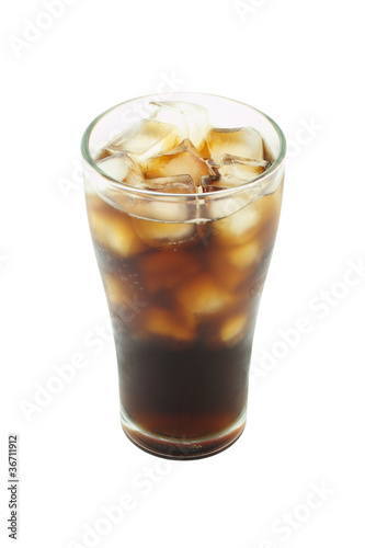 Cool cola with ice in glass on white background. © keerati