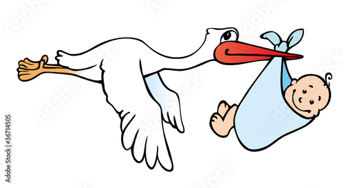 fliegender Storch mit Baby auf weiss