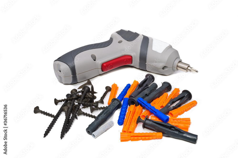 Screwdriver, Screws and plugs and Screwdriver, Screws and plugs and