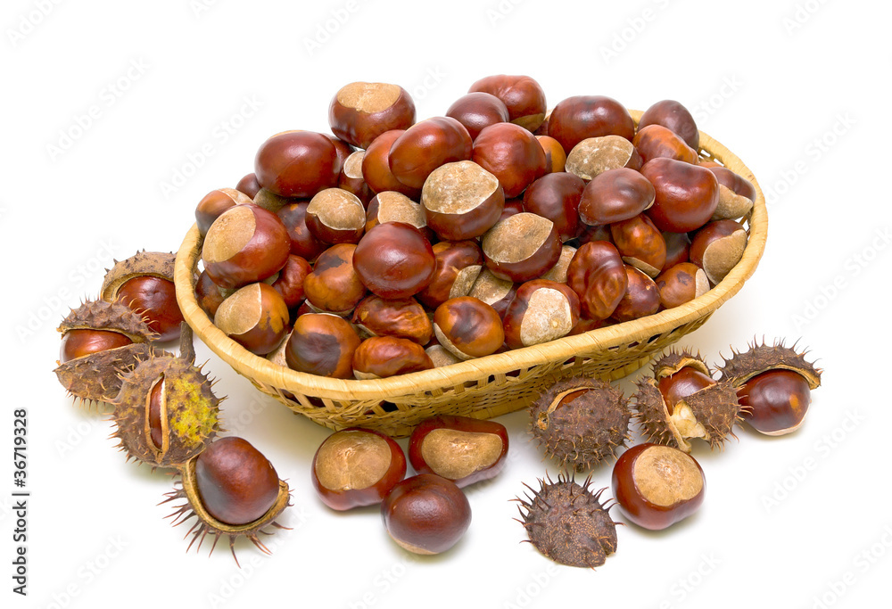 Chestnuts in a wicker basket. View from above. Chestnuts in a wicker basket. View from above.