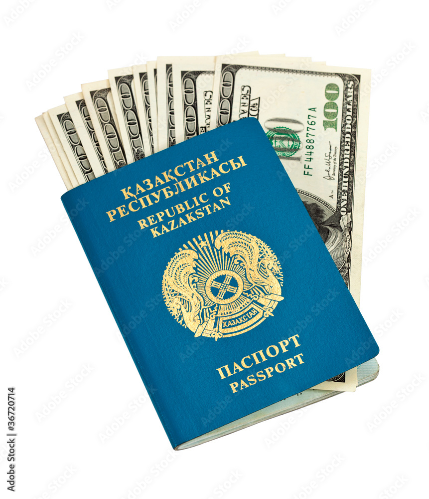 Kazakhstan passport and money isolated on white background Kazakhstan passport and money isolated on white background