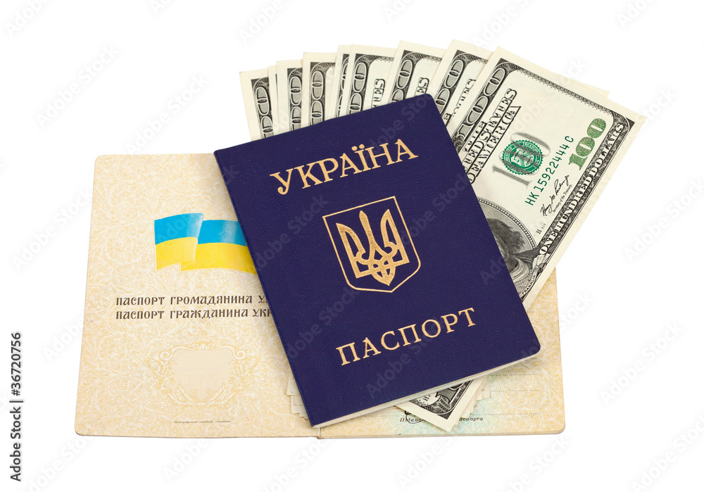 Ukrainian passport and money over white Ukrainian passport and money over white