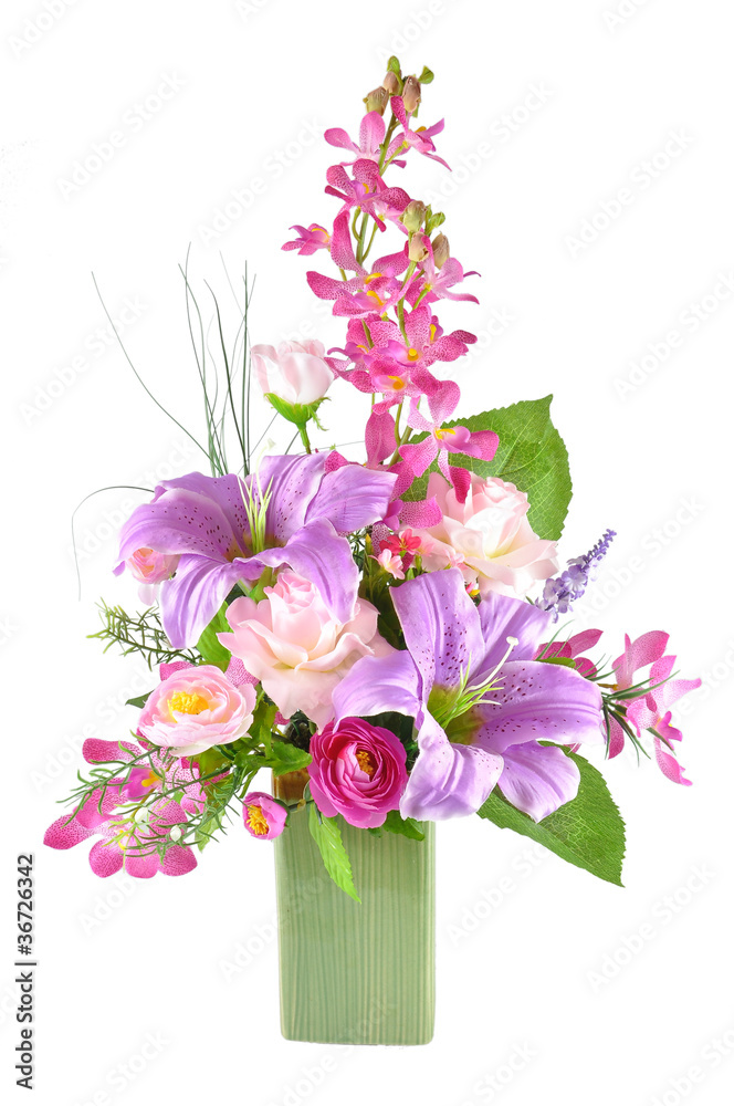 Colorful Artificial Flower Arrangement on white background