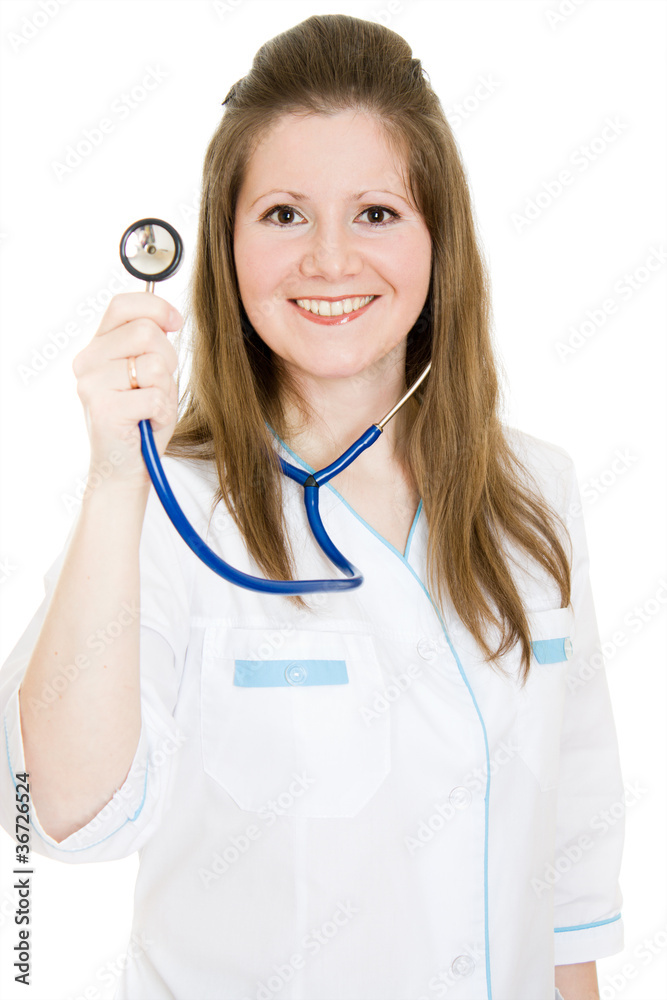 Female doctor smiling with stethoscope in hand Female doctor smiling with stethoscope in hand