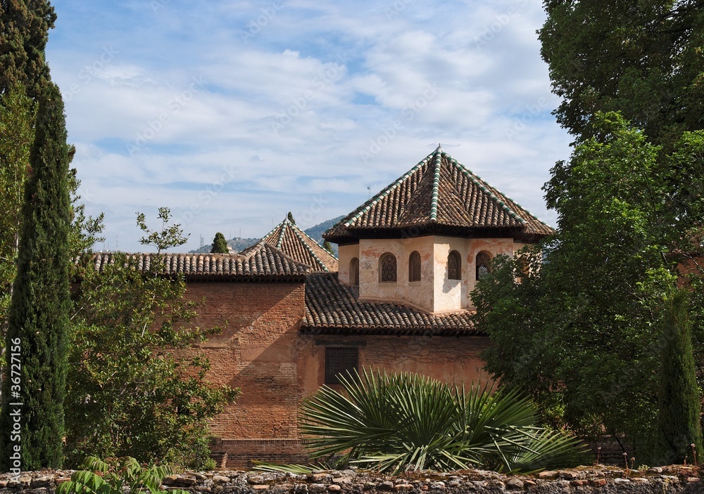 Roofs of Alhambra palace seen from gardens Roofs of Alhambra palace seen from gardens