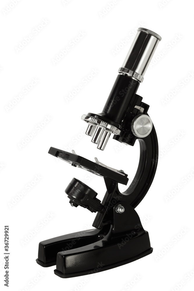Black scientific modern microscope side view isolated