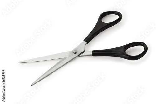 Stationery steel scissors with black plastic handle on white