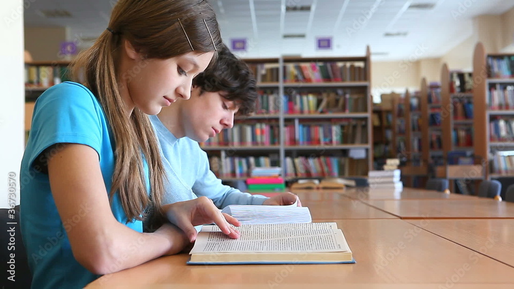 Two teens studying at library