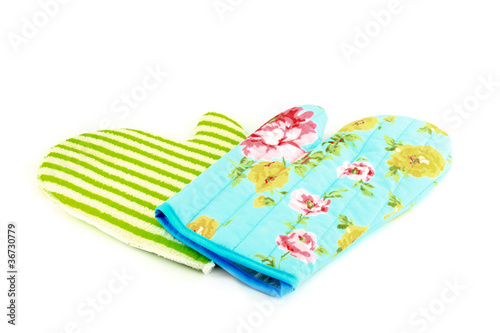 two oven gloves in cyan and green