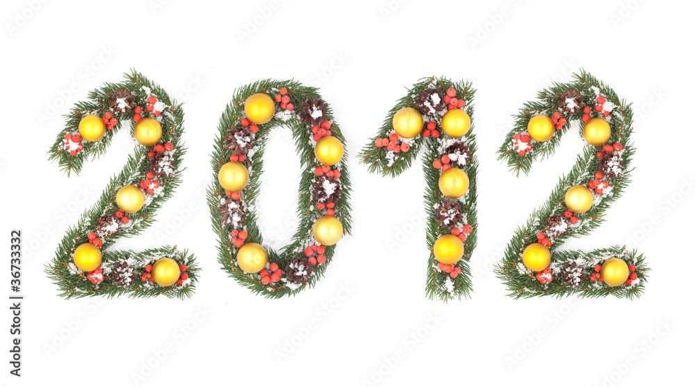 2012 number written by christmas tree branches