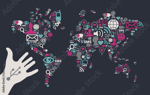Usb hand reaches a social media world map