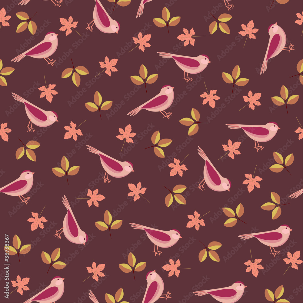 Seamless bright wallpaper with birds and leaves
