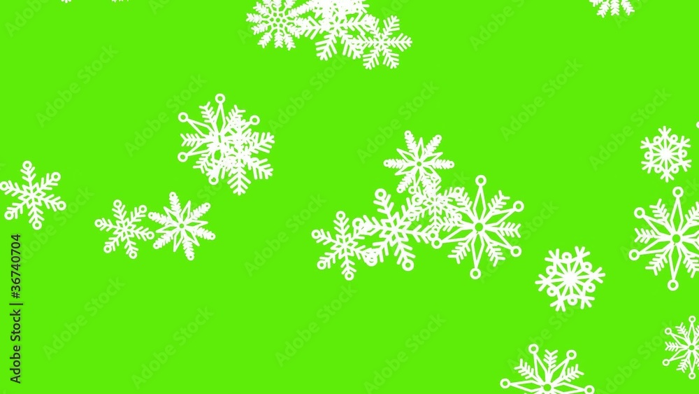 Different sort of snowflakes, effect snowfall. Green screen