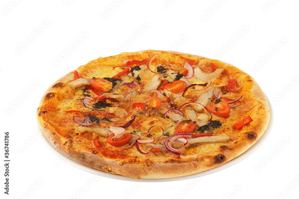 Hot and tasty pizza isolated on white background