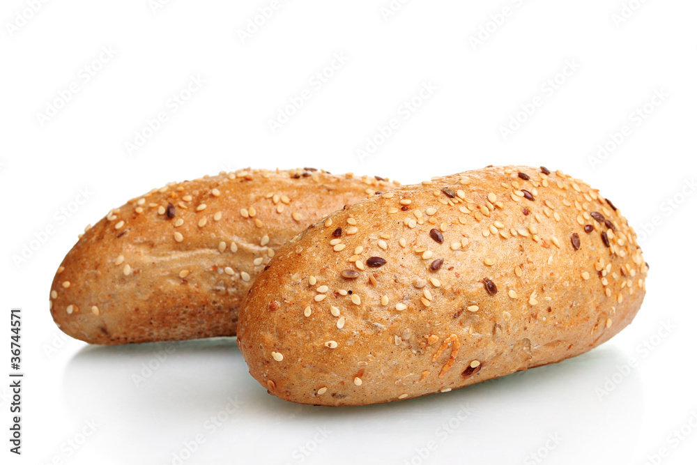 delicious buns with sesame seeds isolated on white