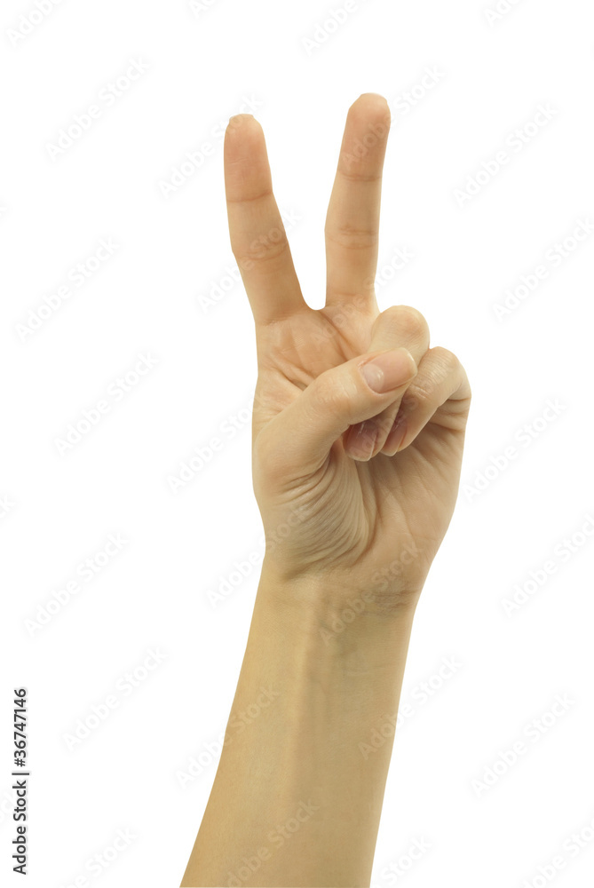 Woman's hand holding up two fingers