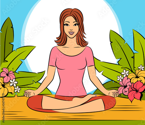 Beautiful woman sitting in yoga lotus position.