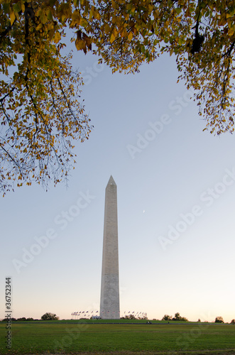 Washington Monument in autumn with yellow leaves frame
