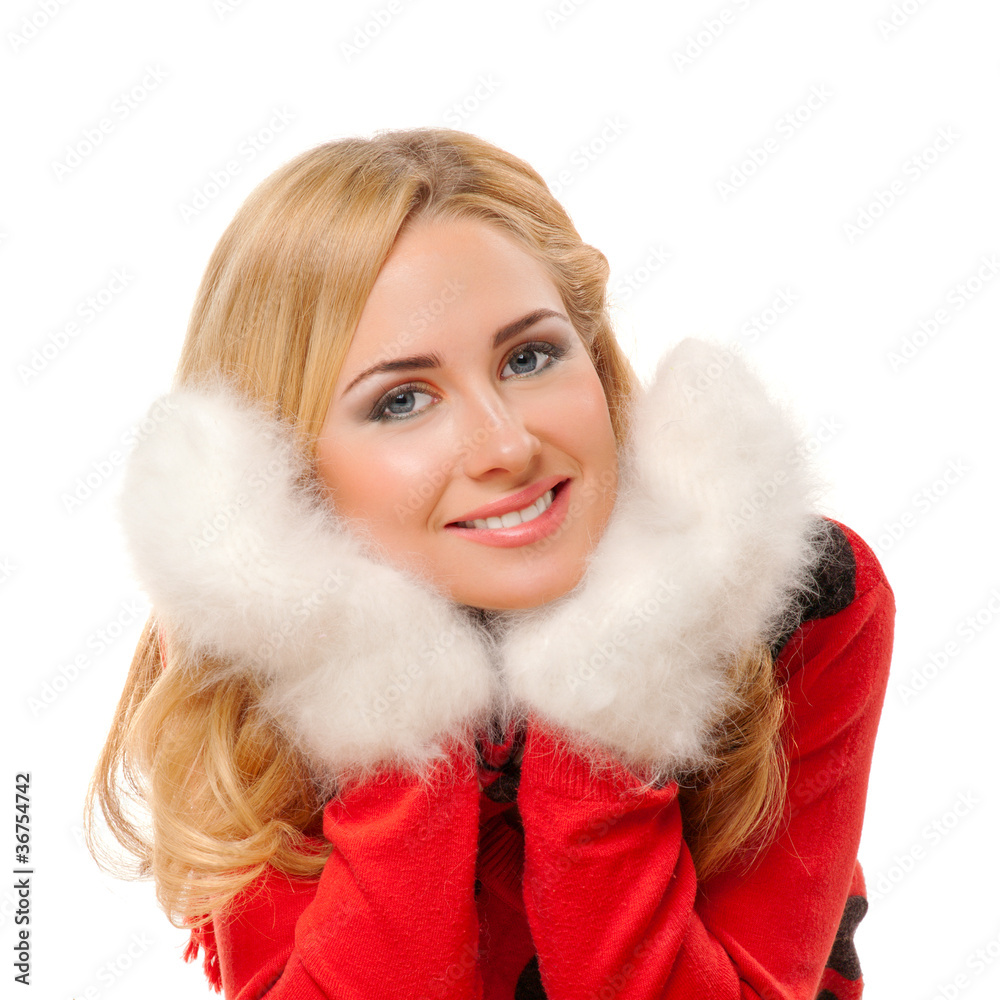 Young woman with fleecy mittens Young woman with fleecy mittens