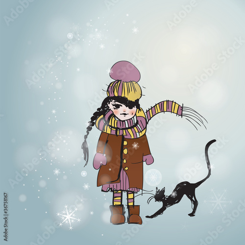 Cute child with cat / Snowy background