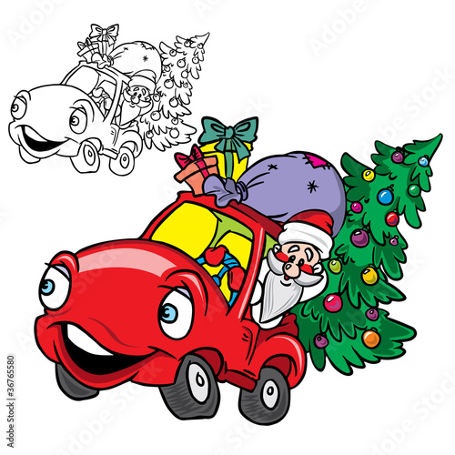 Santa  Claus  in a car with  Christmas tree