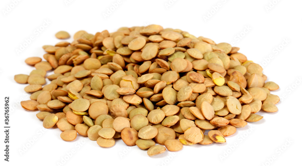 Brown lentils scattered on white background Brown lentils scattered on white background
