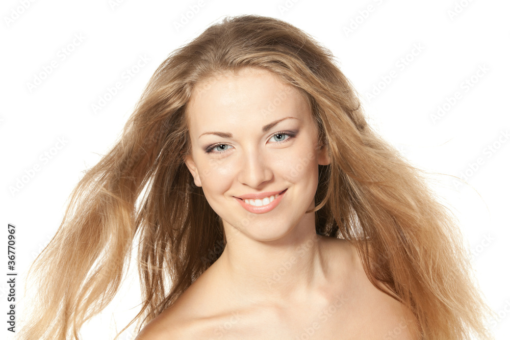 Closeup portrait of smiling beautiful blond female Closeup portrait of smiling beautiful blond female