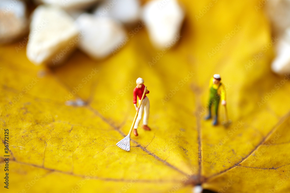Miniature figurine  using a rake to clean up of the fallen leave