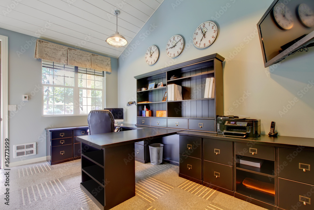 Blue modern home office interior design. Blue modern home office interior design.