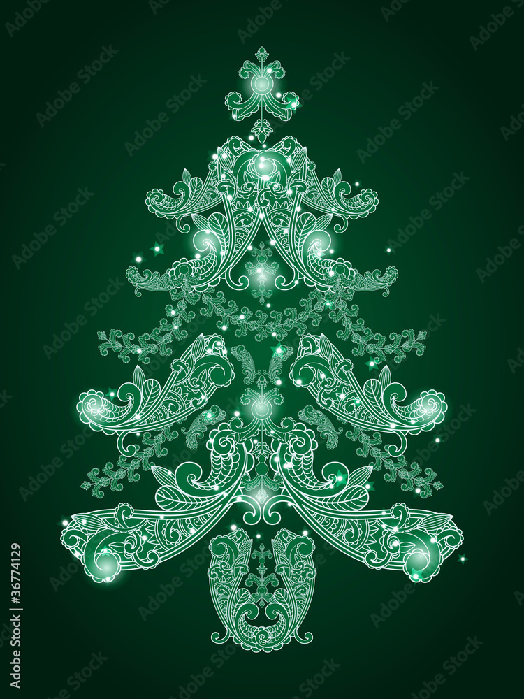 vector green christmas tree from paisley elements and stars vector green christmas tree from paisley elements and stars