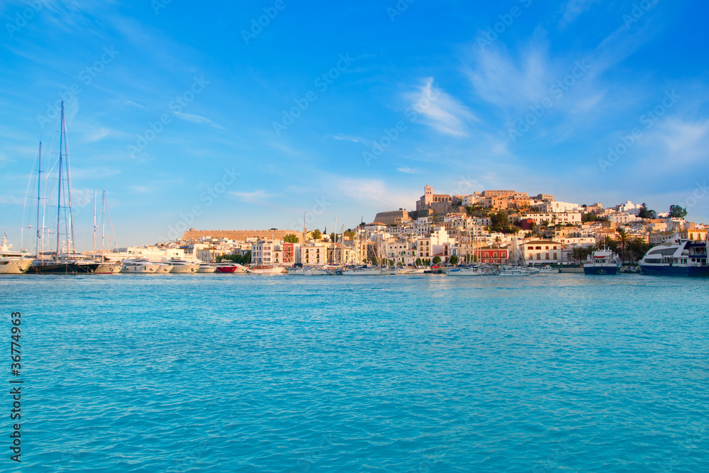 Ibiza Eivissa town with blue Mediterranean