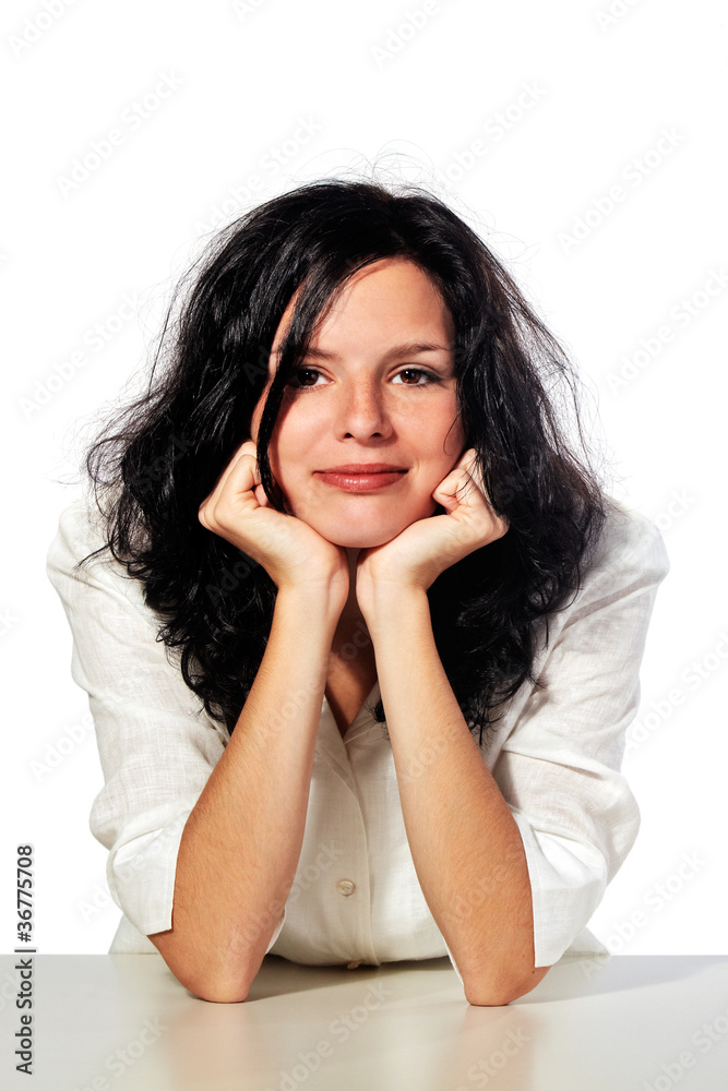 youthful lady with with elbows on the table youthful lady with with elbows on the table