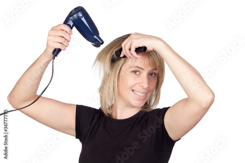 Blonde woman with a dryer