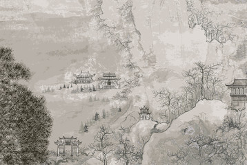 Poster Art Studio Chinesische Landschaft mit Bergen  © Isaxar