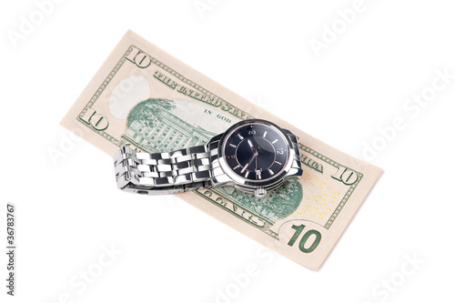 Watch and banknote. Time is money.