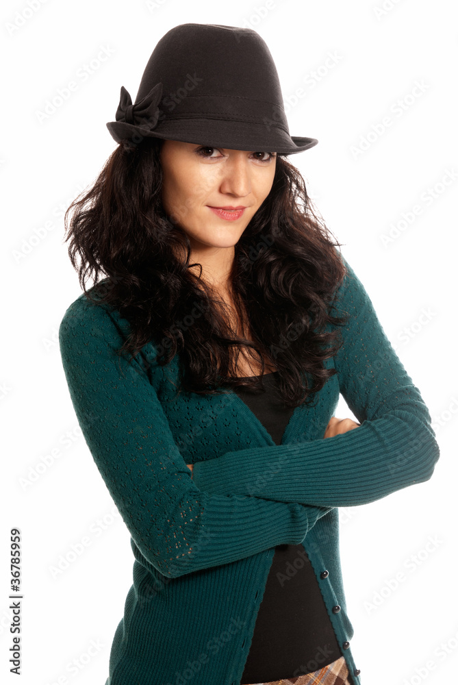 Young beautiful woman with hat arms crossed isolated Young beautiful woman with hat arms crossed isolated