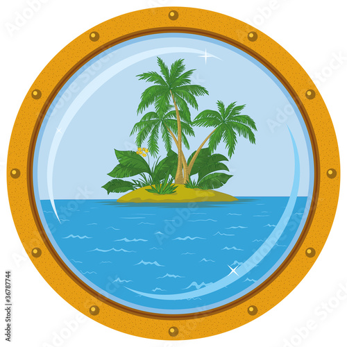 Island with palm and bronze ship window